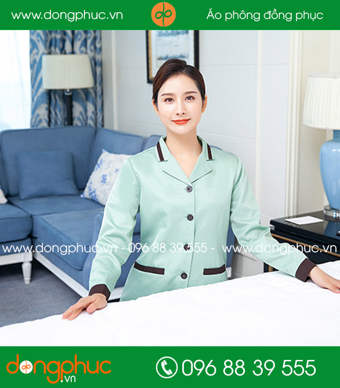 Đồng phục vệ sinh màu xanh nhạt viền nâu